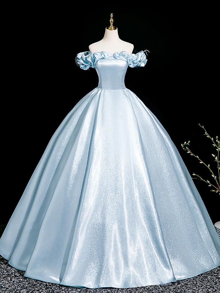 A-Line Off Shoulder Satin Blue Long Prom Dress, Blue Long Formal Dress - Deanwangkt