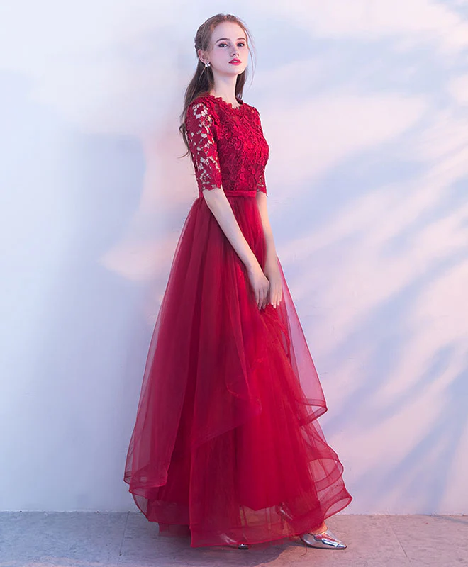 Burgundy Tulle Lace Long Prom Dress, Burgundy Tulle Evening Dress - Deanwangkt