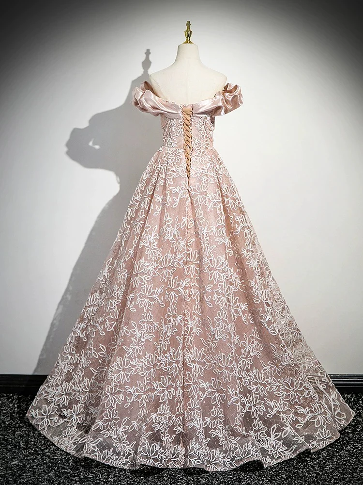 A-Line Off Shoulder Tulle Lace Pink Long Prom Dress, Pink Long Formal Dress - Deanwangkt