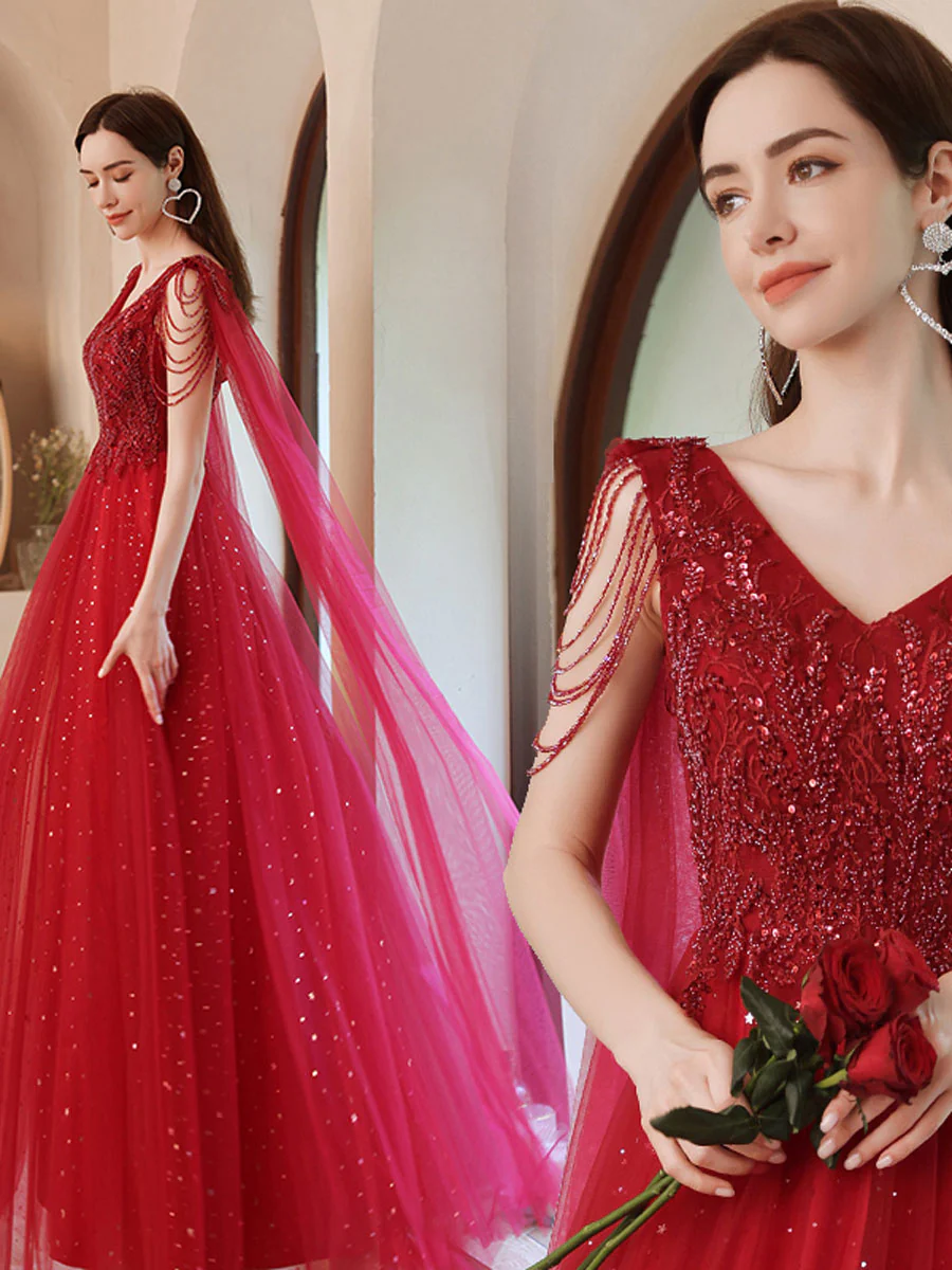 Burgundy V Neck Tulle Lace Beads Long Prom Dress, Burgundy Evening Dress - Deanwangkt