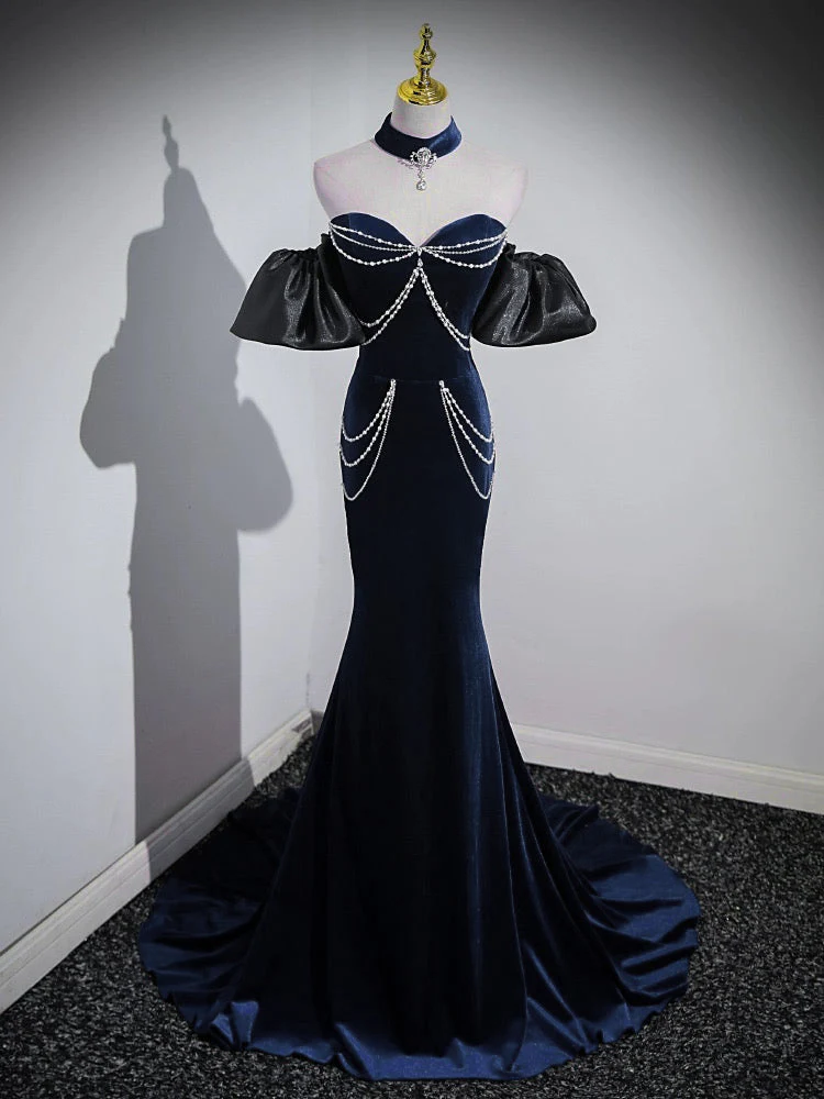Trumpet/Mermaid Velvet Dark Blue Long Prom Dress with Beads - Deanwangkt