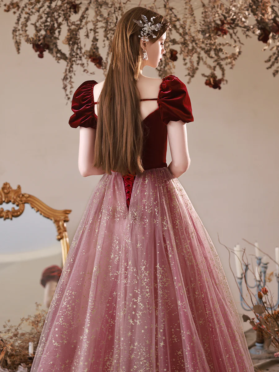 A-Line Burgundy Tulle Long Prom Dress, Burgundy Evening Dress with Velvet - Deanwangkt