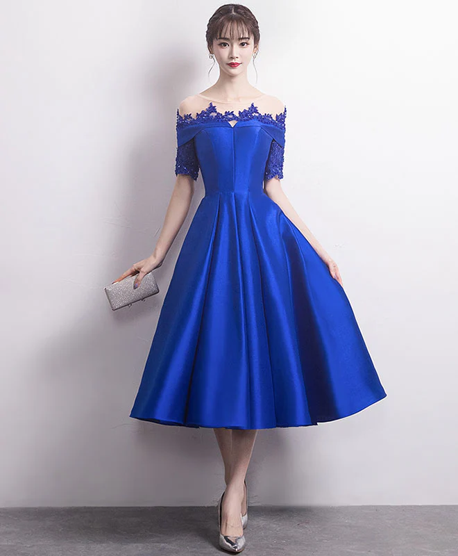 Blue Round Neck Satin Lace Prom Dress, Blue Bridesmaid Dress - Deanwangkt