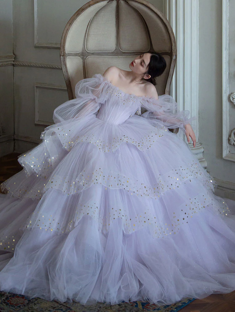 Light Purple Tulle Sequin Long Prom Dress, Purple Evening Dress - Deanwangkt
