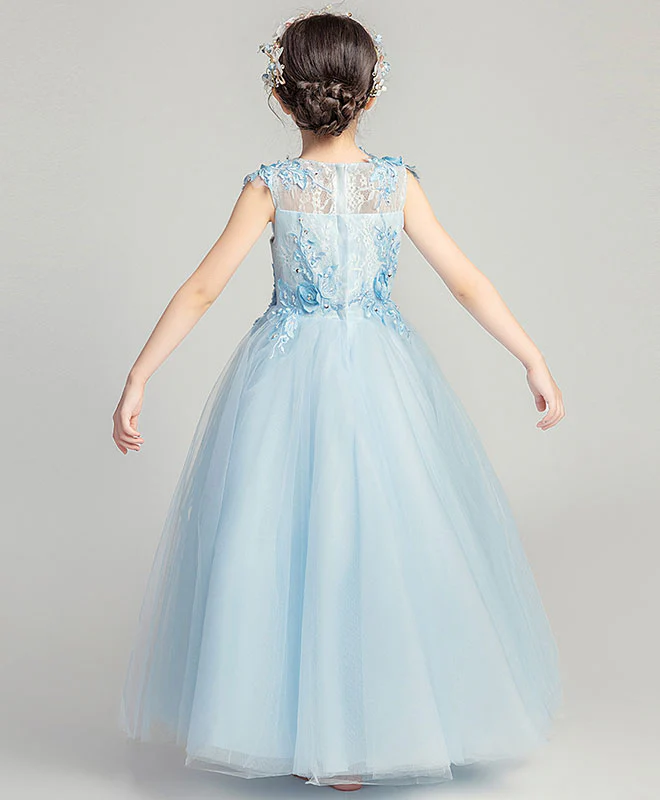 Blue Round Neck Tulle Lace Flower Girl Dress, Girl Fashion Dress - Deanwangkt