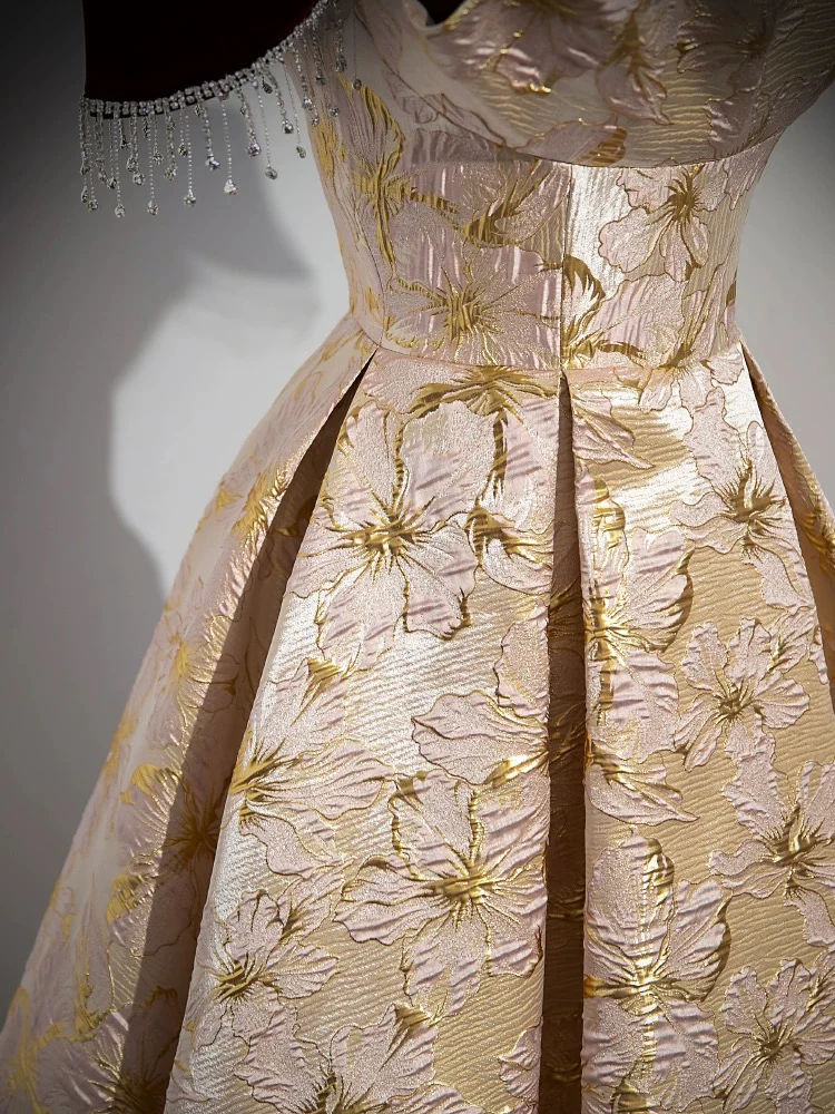 A-Line Off Shoulder Satin Champagne Long Prom Dress, Champagne Long Formal Dress - Deanwangkt