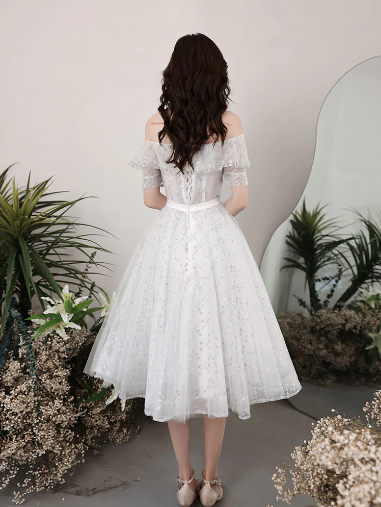 Gray White Lace Short Prom Dress White Tulle Lace Homecoming Dress - Deanwangkt