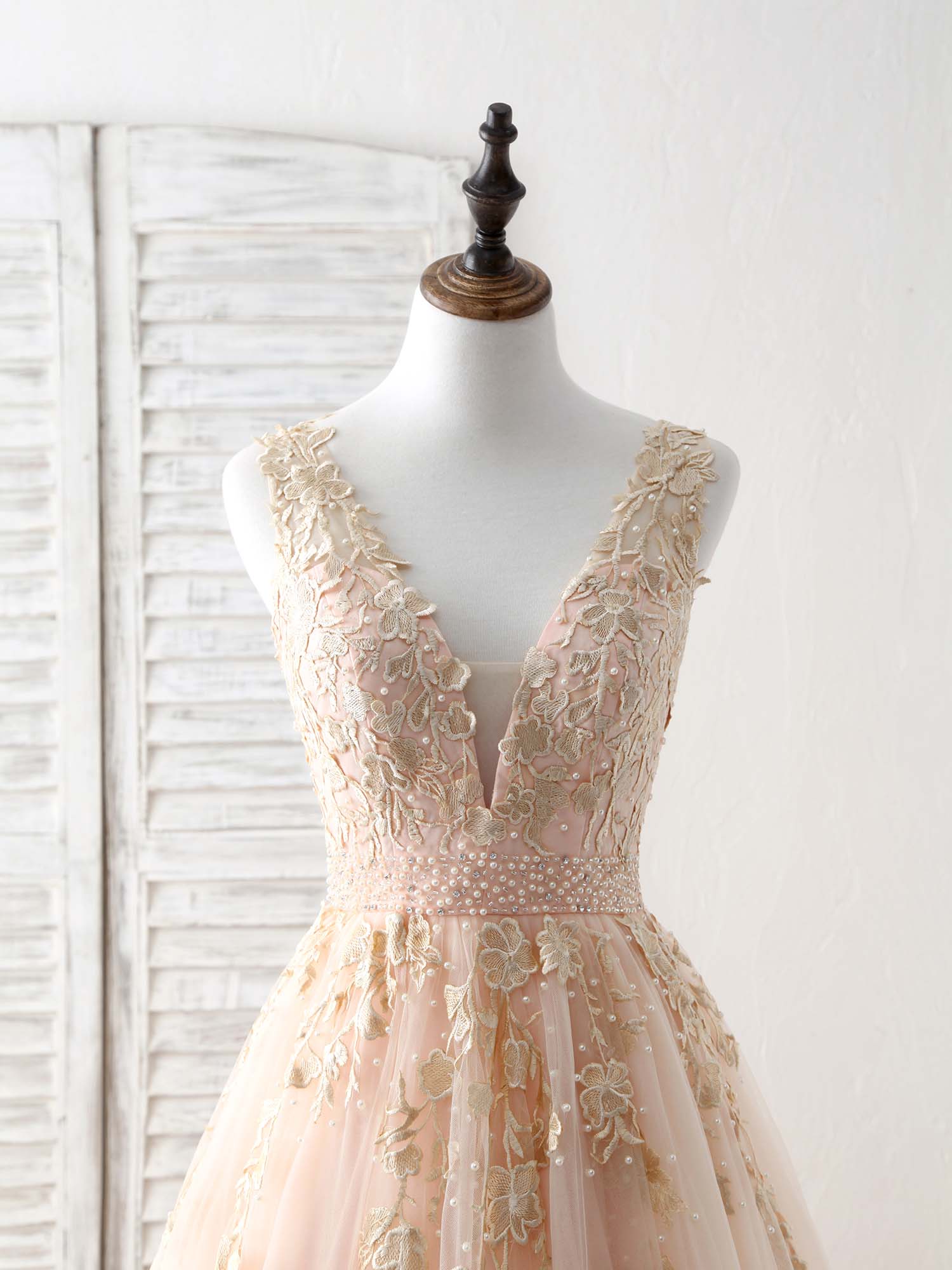 Unique V Neck Tulle Lace Applique Long Prom Dress, Evening Dress - Deanwangkt