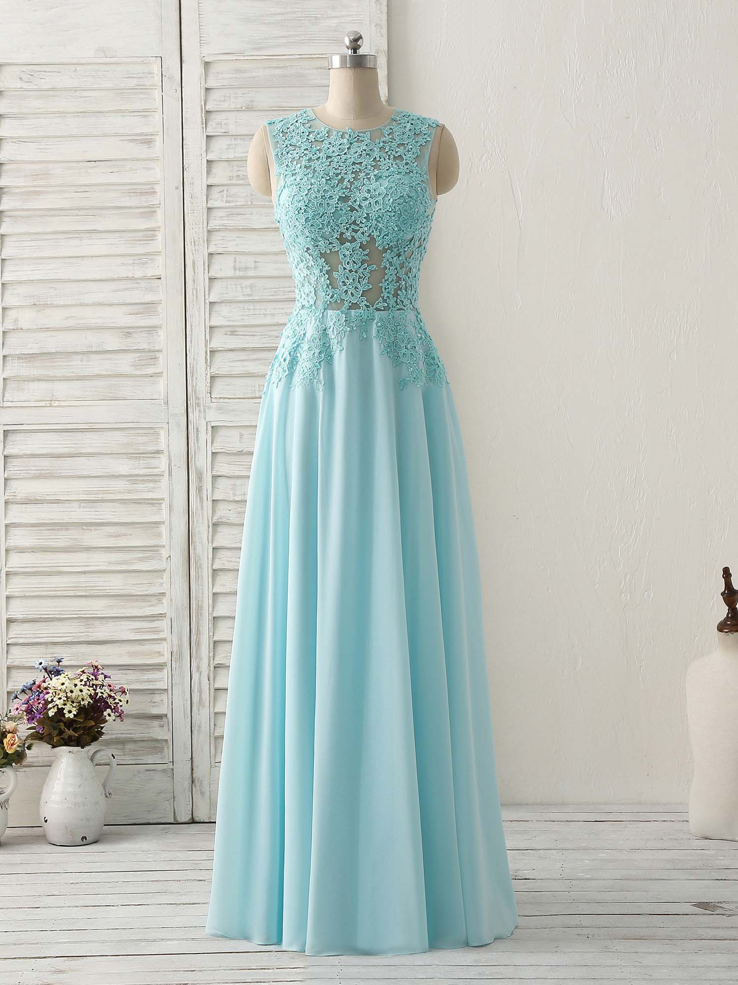 Blue Round Neck Lace Chiffon Long Prom Dress, Blue Long Formal Dresses - Deanwangkt