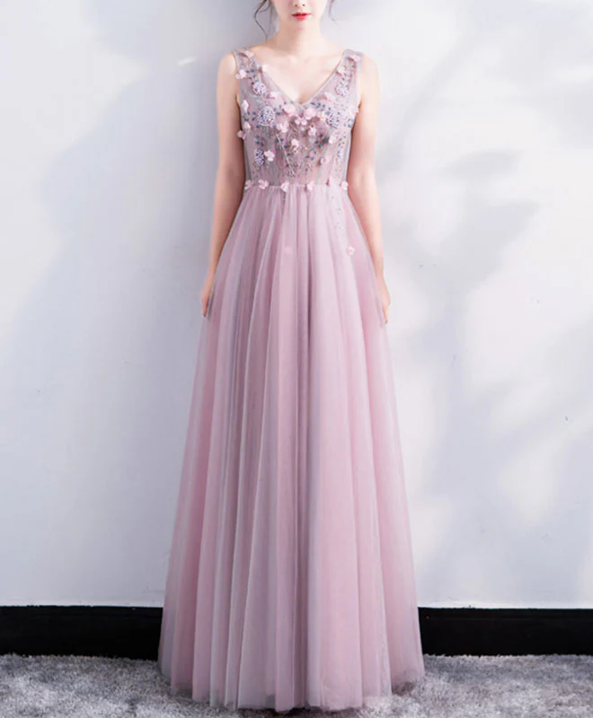 A Line V Neck Lace Tulle Long Prom Dress, Lace Evening Dress - Deanwangkt
