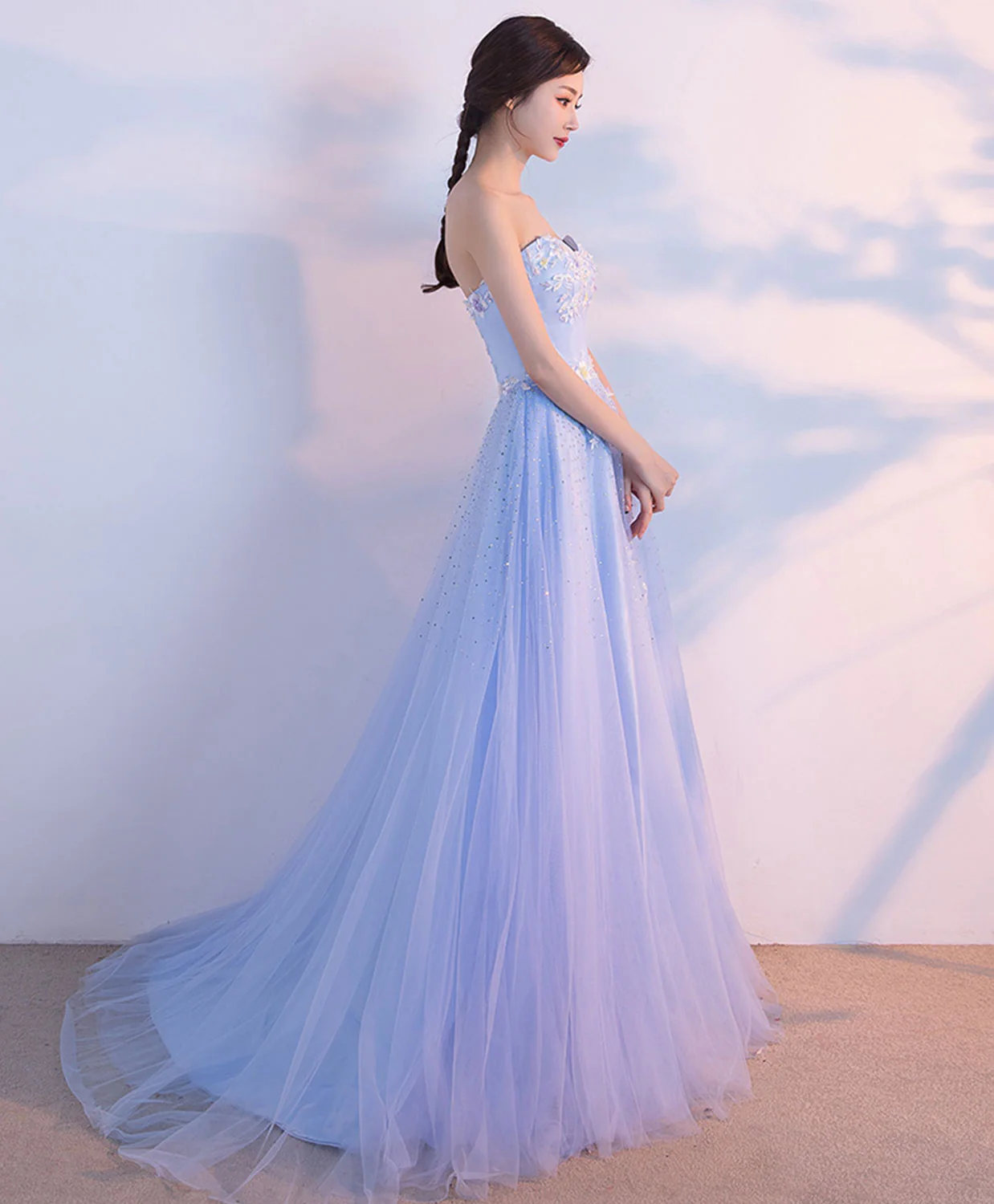Light Blue Sweetheart Neck Long Prom Dress, Lace Formal Dress - Deanwangkt