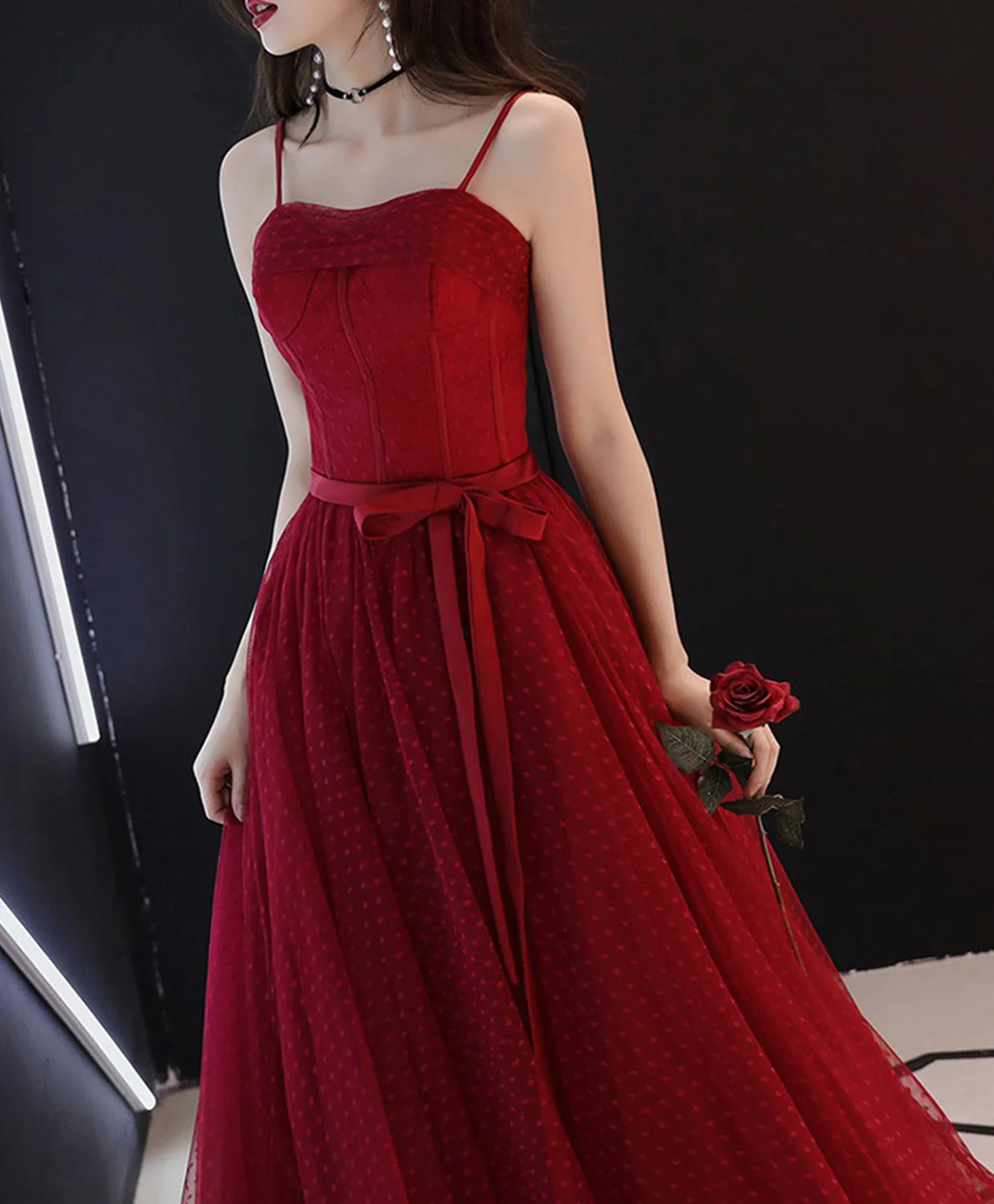 Burgundy Tulle Lace Long Prom Dress, Burgundy Evening Dress - Deanwangkt