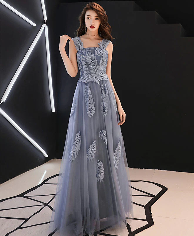 Gray Blue Tulle Lace Long Prom Dress, Gray Blue Tulle Evening Dress - Deanwangkt