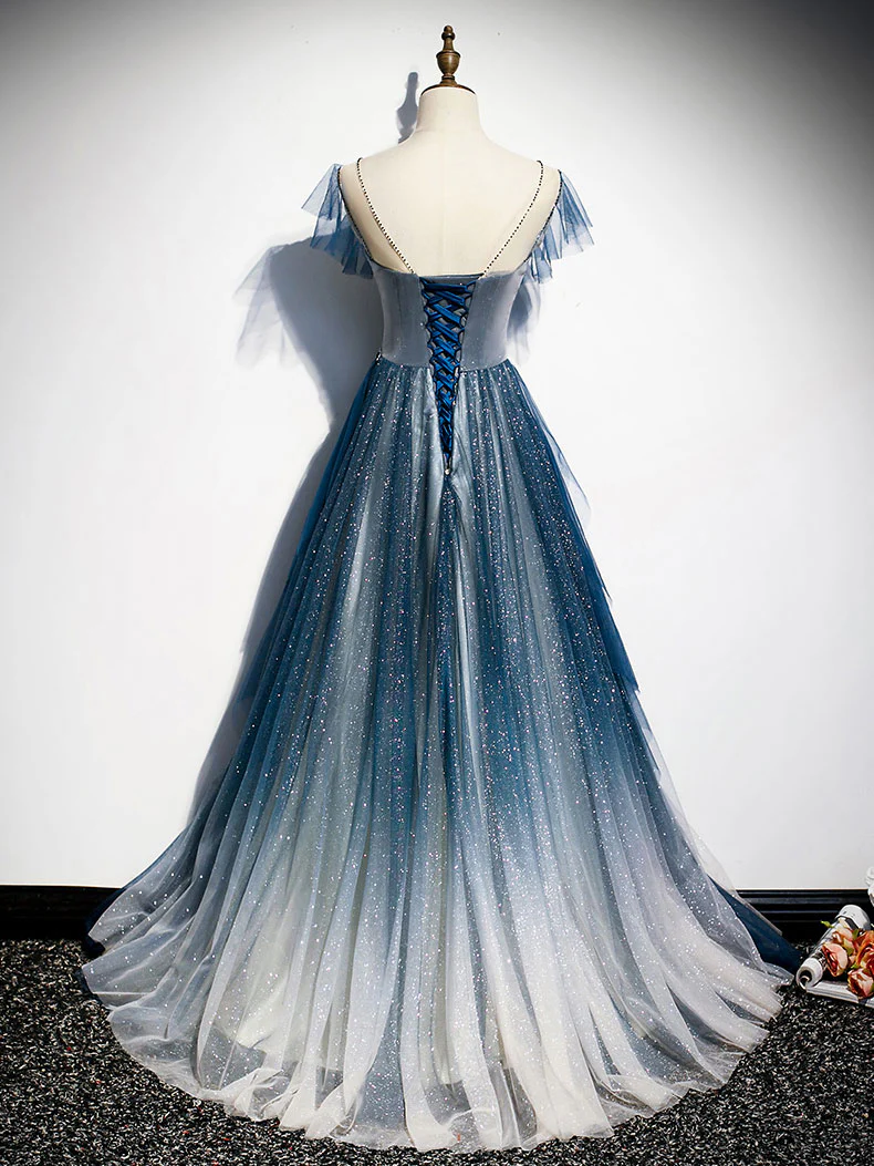 Blue Round Neck Tulle Beads Long Prom Dress, Blue Evening Dress - Deanwangkt