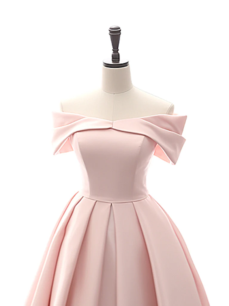A-Line Off Shoulder Satin Tea Length Pink Prom Dress, Pink Formal Dress - Deanwangkt