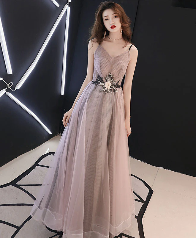 Champagne V Neck Tulle Long Prom Dress, Evening Dress - Deanwangkt