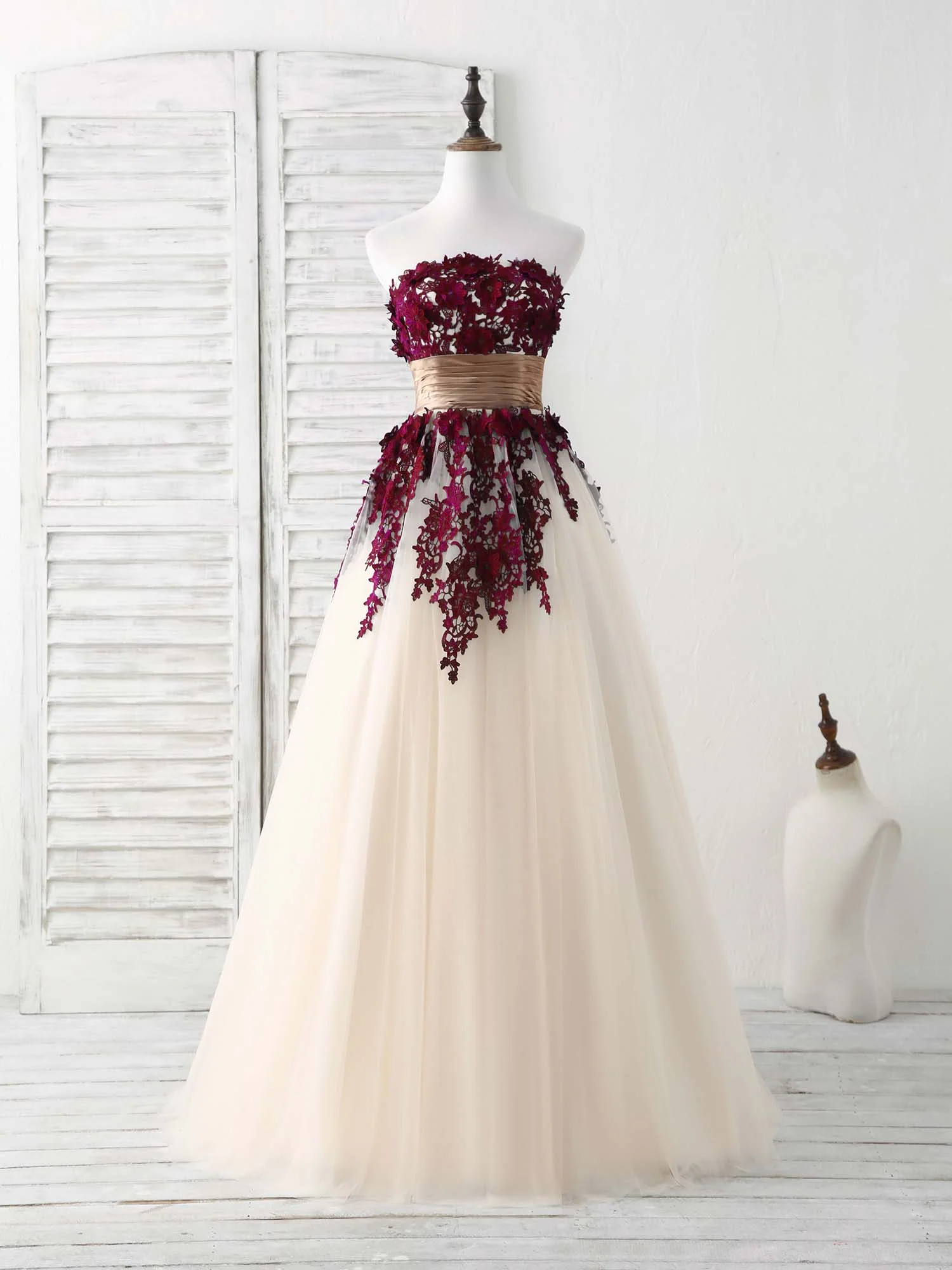 Burgundy Lace Applique Tulle Long Prom Dress Burgundy Bridesmaid Dress - Deanwangkt