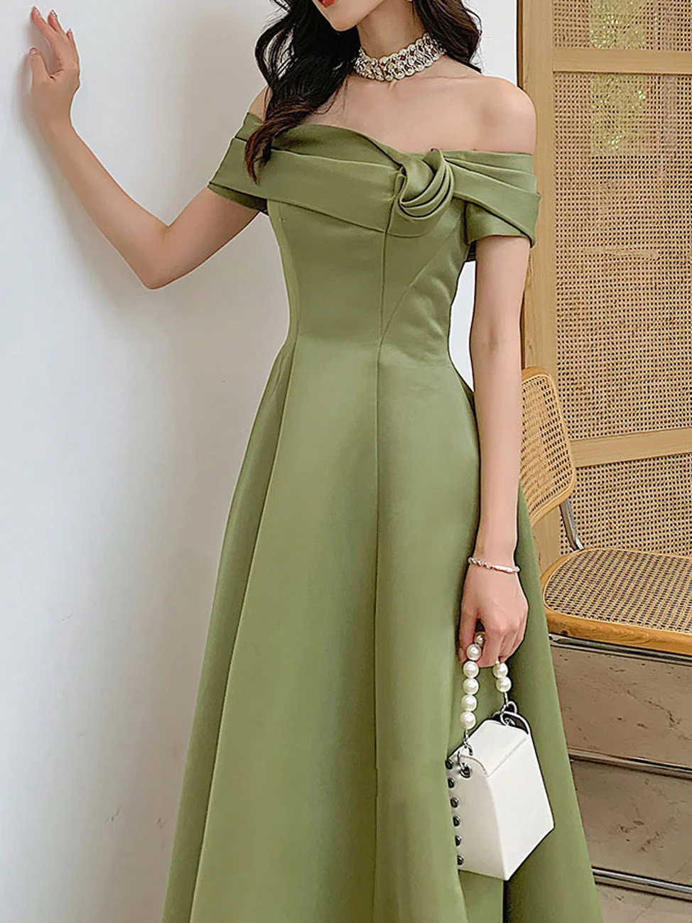 A Line Satin Green Long Prom Dresses, Off Shoulder Green Long Formal Dresses - Deanwangkt