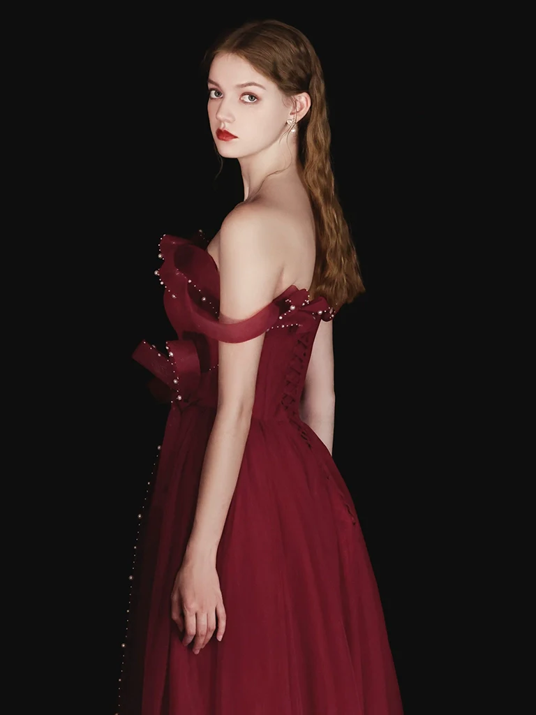 A-Line Tulle Beads Burgundy Long Prom Dress, Burgundy Long Evening Dress - Deanwangkt