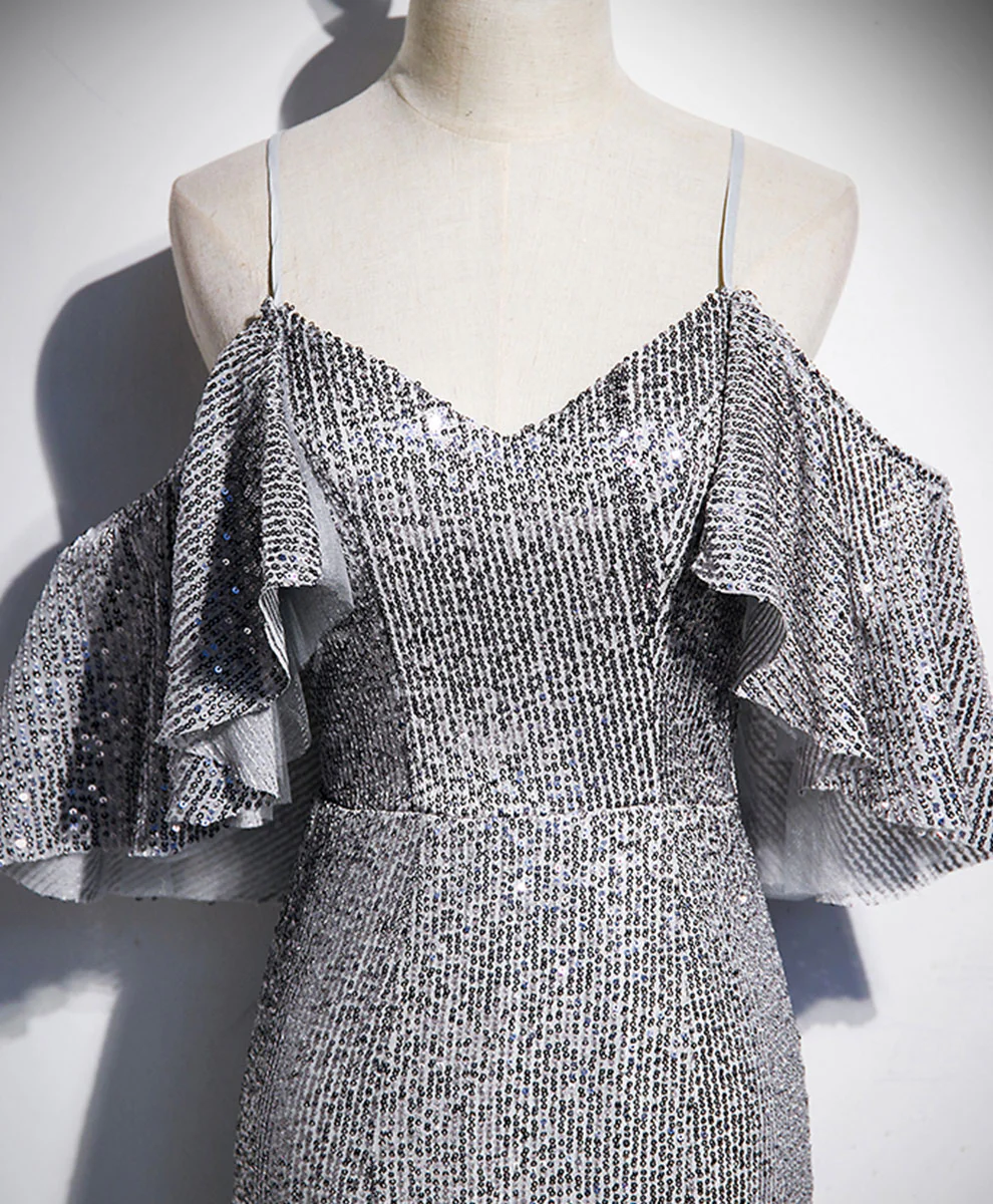 Gray V Neck Sequin Mermaid Long Prom Dress Gray Formal Dress - Deanwangkt