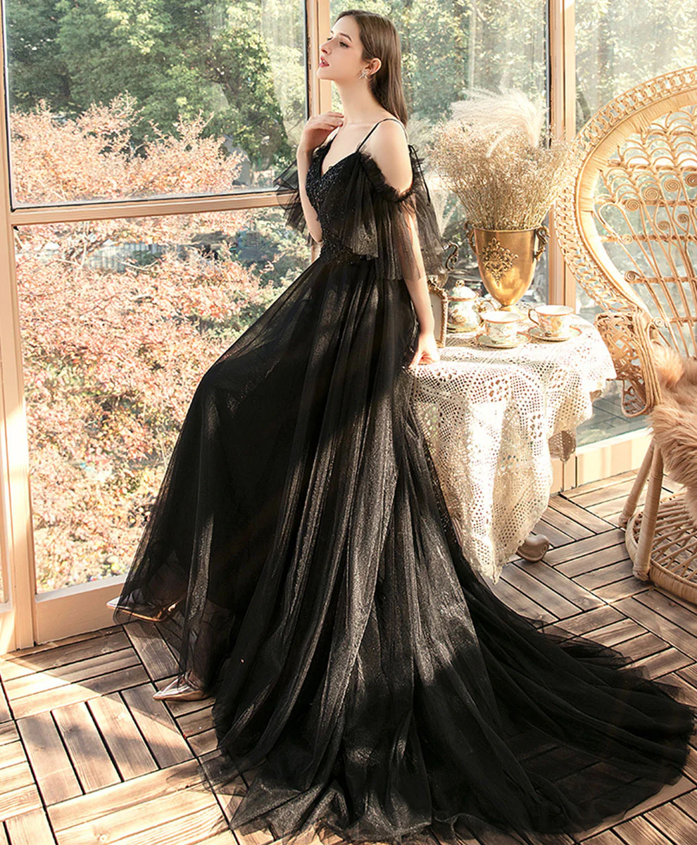 Black V Neck Tulle Lace Long Prom Dress Black Evening Dress - Deanwangkt
