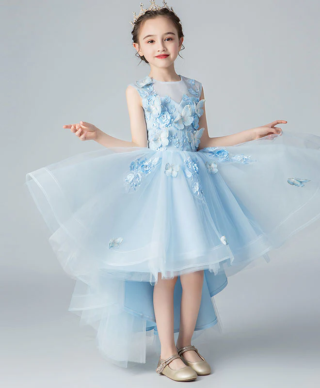 Blue Round Neck Tulle High Low Lace Prom Dress, Flower Girl Dress - Deanwangkt
