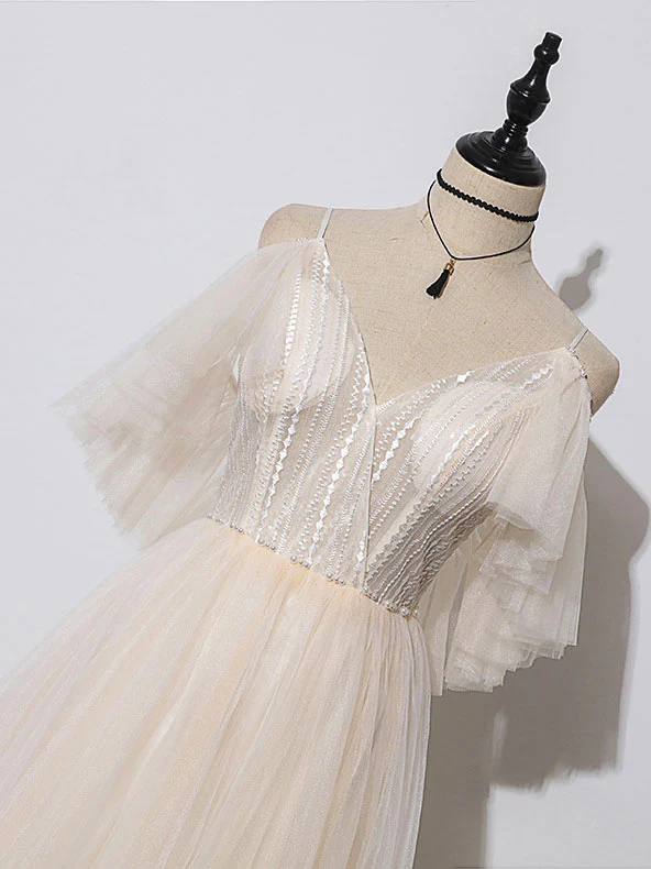 Champagne V Neck Tulle Long Prom Dress, Champagne Evening Dress - Deanwangkt