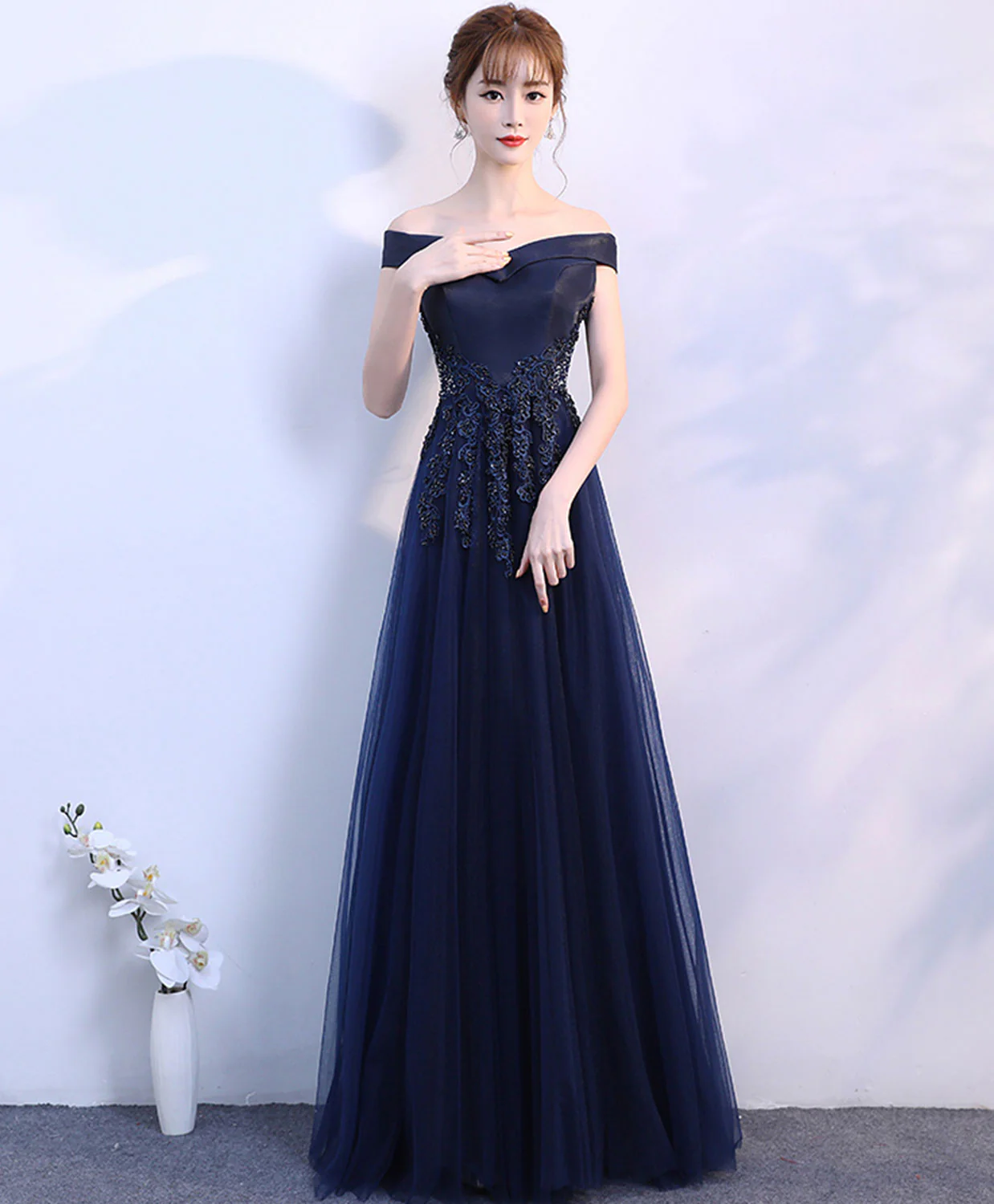 Dark Blue Off Shoulder Long Prom Dress, Blue Evening Dress - Deanwangkt