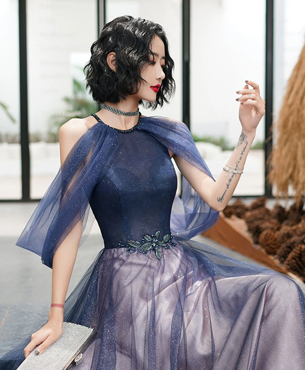 Blue Tulle Sequin Long Prom Dress Blue Tulle Evening Dress - Deanwangkt