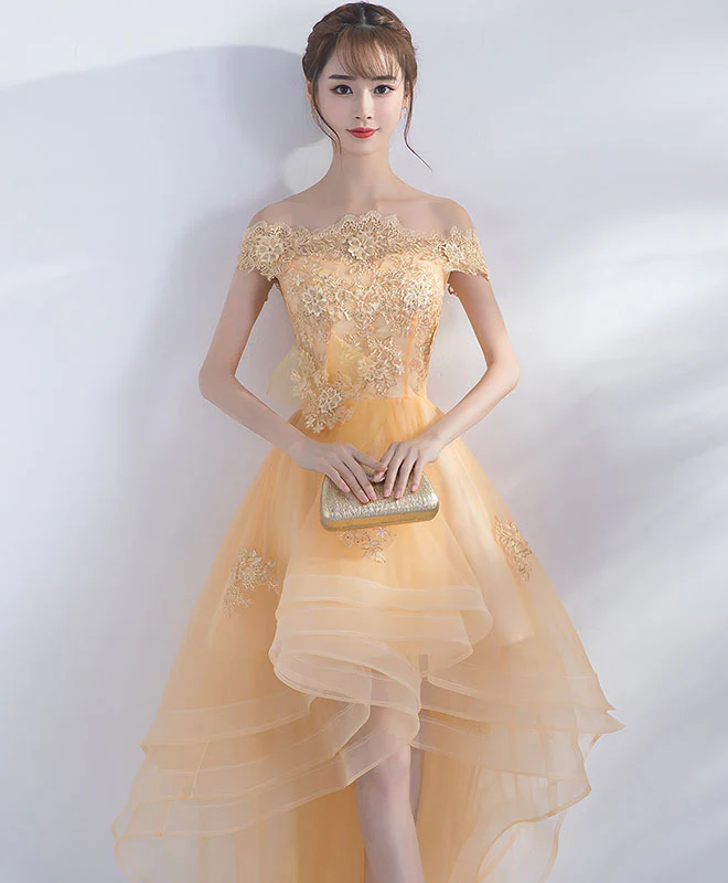 Champagne Tulle Lace Short Prom Dress, Champagne Homecoming Dresses - Deanwangkt