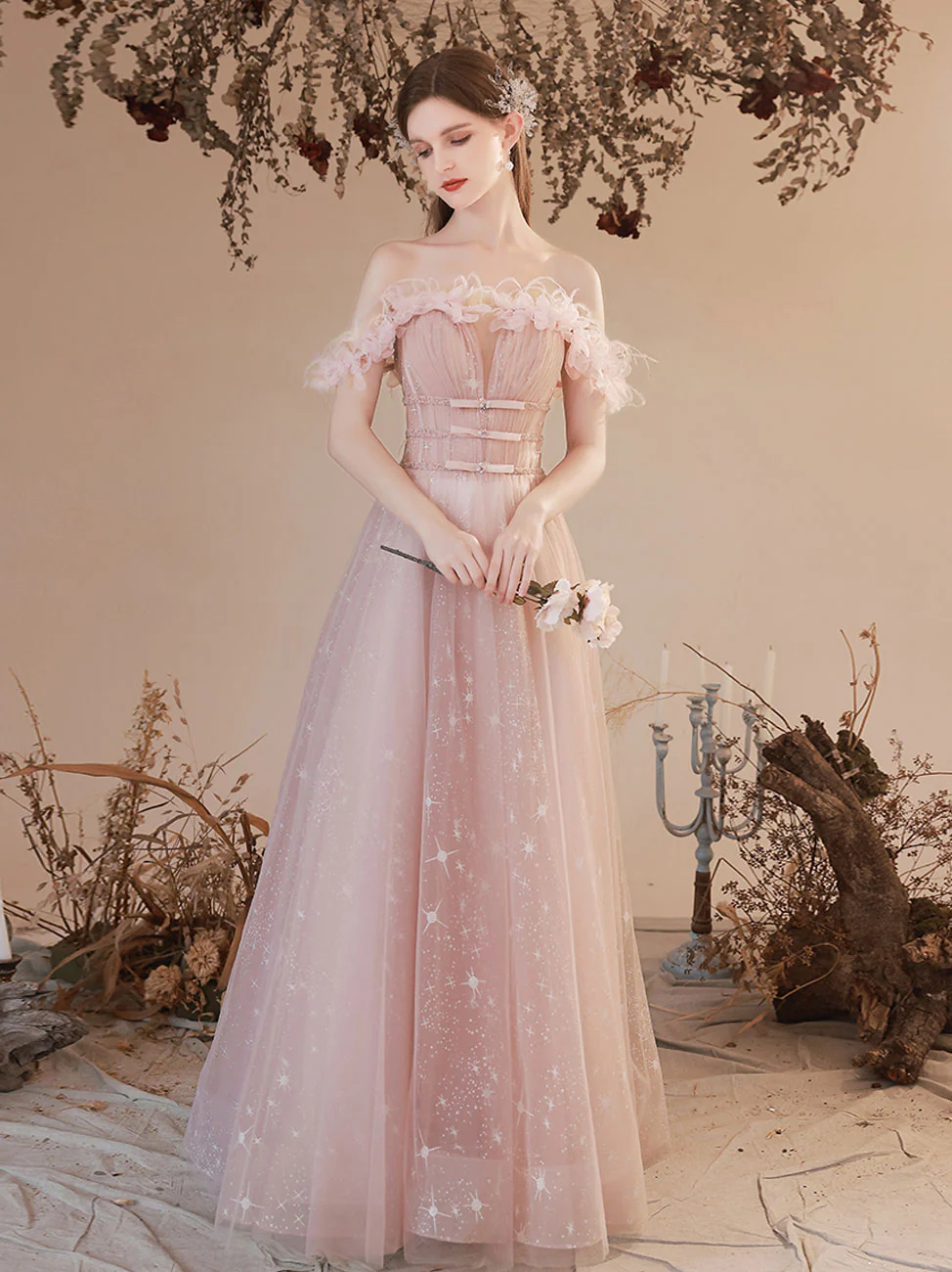 A Line Pink Long Prom Dresses, Off Shoulder Pink Formal Dress with Beading Flowers - Deanwangkt