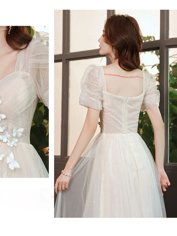 Light Champagne Tulle Lace Long Prom Dress, Champagne Evening Dress - Deanwangkt