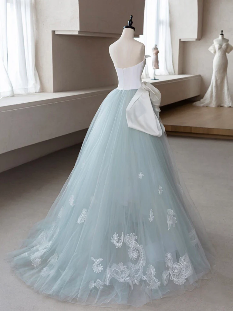 A-Line Blue Tulle Lace Applique Long Prom Dress, Blue Long Formal Dress - Deanwangkt