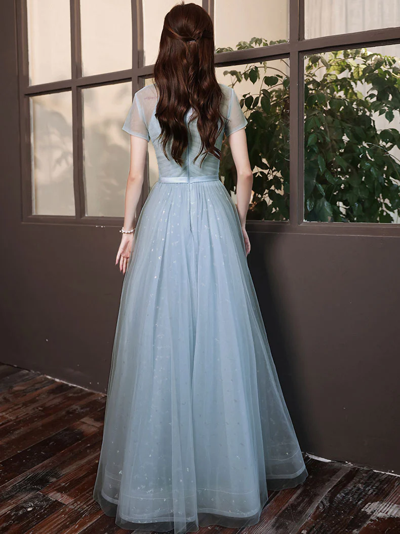 Blue A-line Tulle Long Prom Dress, Tulle Evening Dress - Deanwangkt