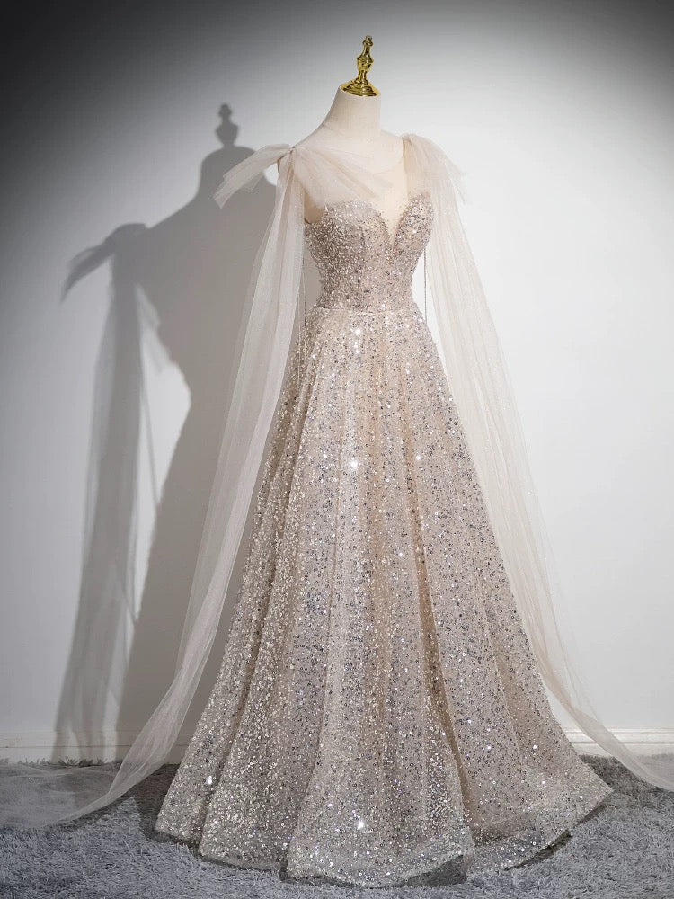 A-Line Scoop Neckline Tulle Sequin Champagne Long Prom Dress - Deanwangkt