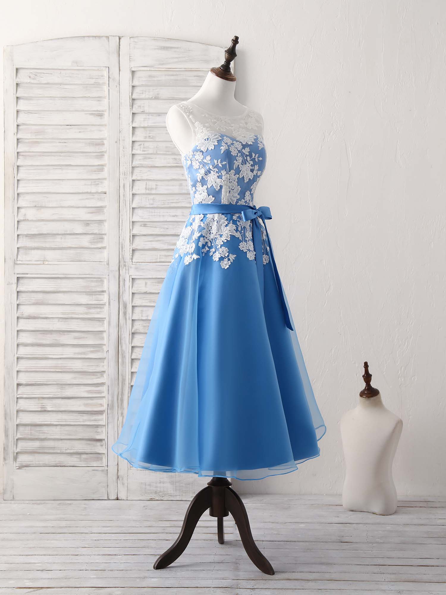 Blue Round Neck Tulle Lace Applique Tea Long Prom Dress, Bridesmaid Dress - Deanwangkt