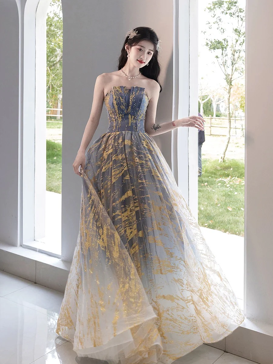 A-Line Tulle Gold/Blue Long Prom Dress, Blue Formal Evening Dress - Deanwangkt