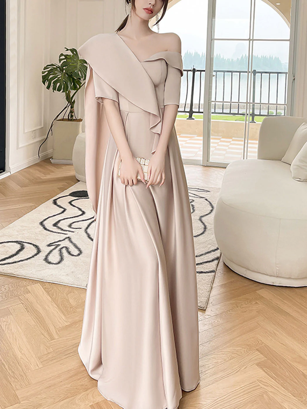 Simple Champagne A line Long Prom Dress, Champagne Bridesmaid Dresses - Deanwangkt