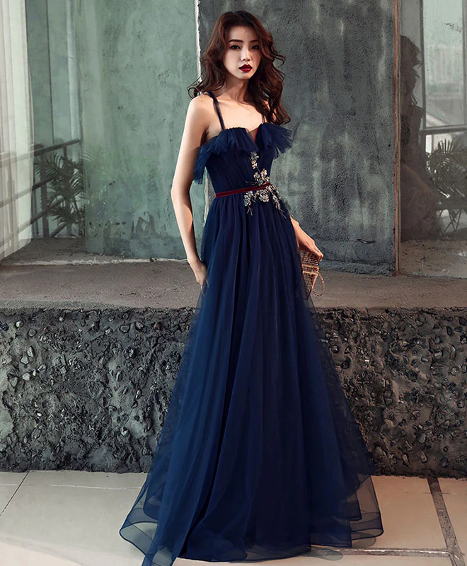 Dark Blue Tulle Long Prom Dress, Dark Blue Tulle Evening Dress - Deanwangkt