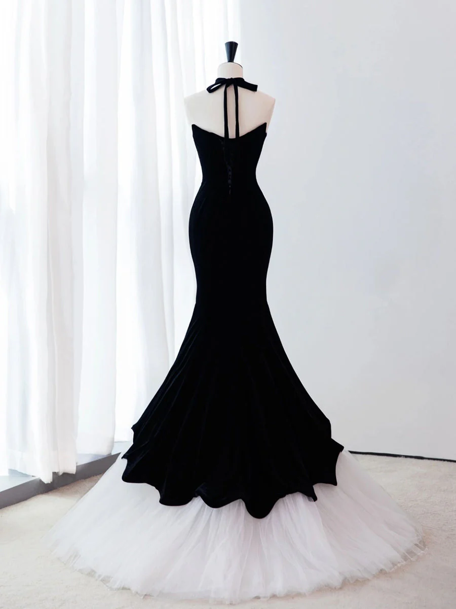 Black/White Velvet Mermaid Long Prom Dress, Black Formal Evening Dress - Deanwangkt