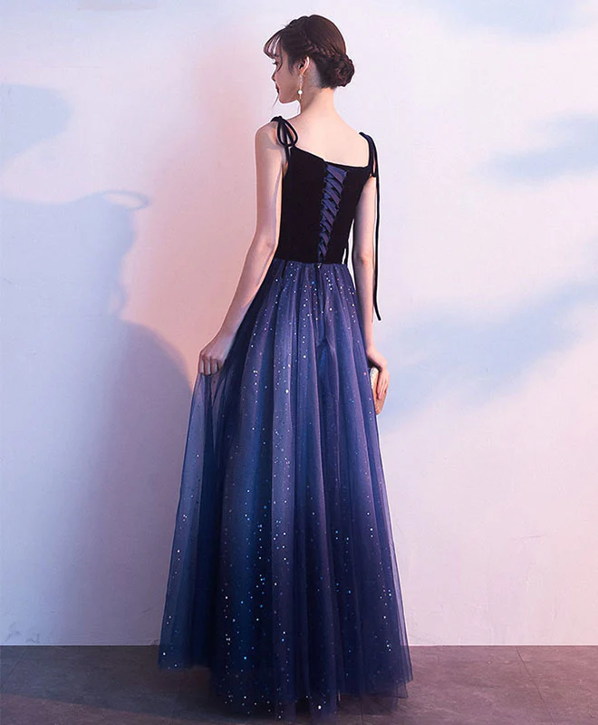 Simple Blue Tulle Long Prom Dress, Shiny Blue Evening Dress - Deanwangkt