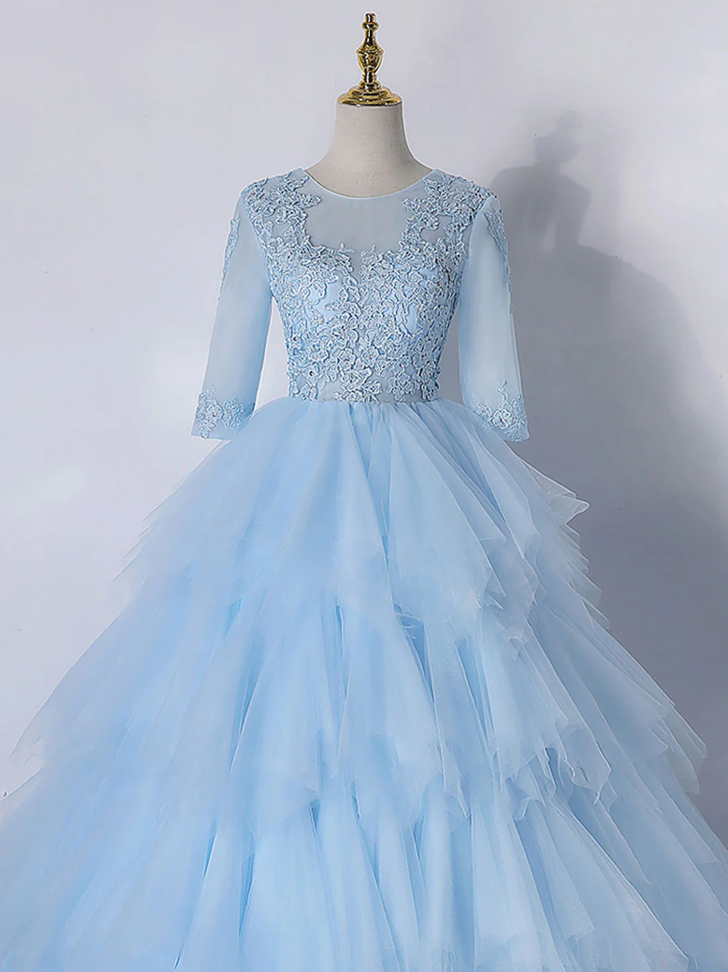 Blue A-Line Tulle Lace Long Prom Dress, Blue Lace Formal Evening Dresses - Deanwangkt