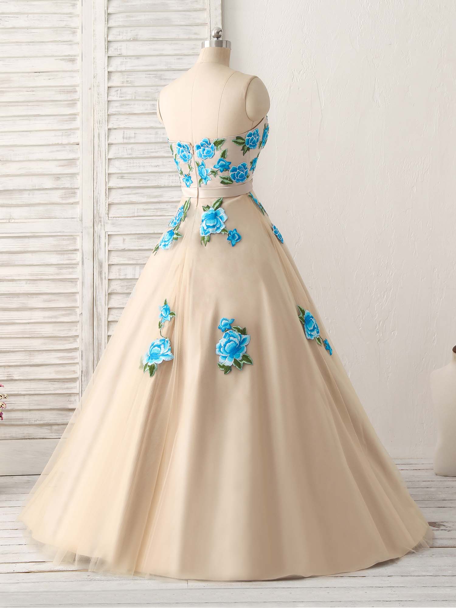 Champagne Tulle Lace Applique Long Prom Dress, Champagne Evening Dress - Deanwangkt