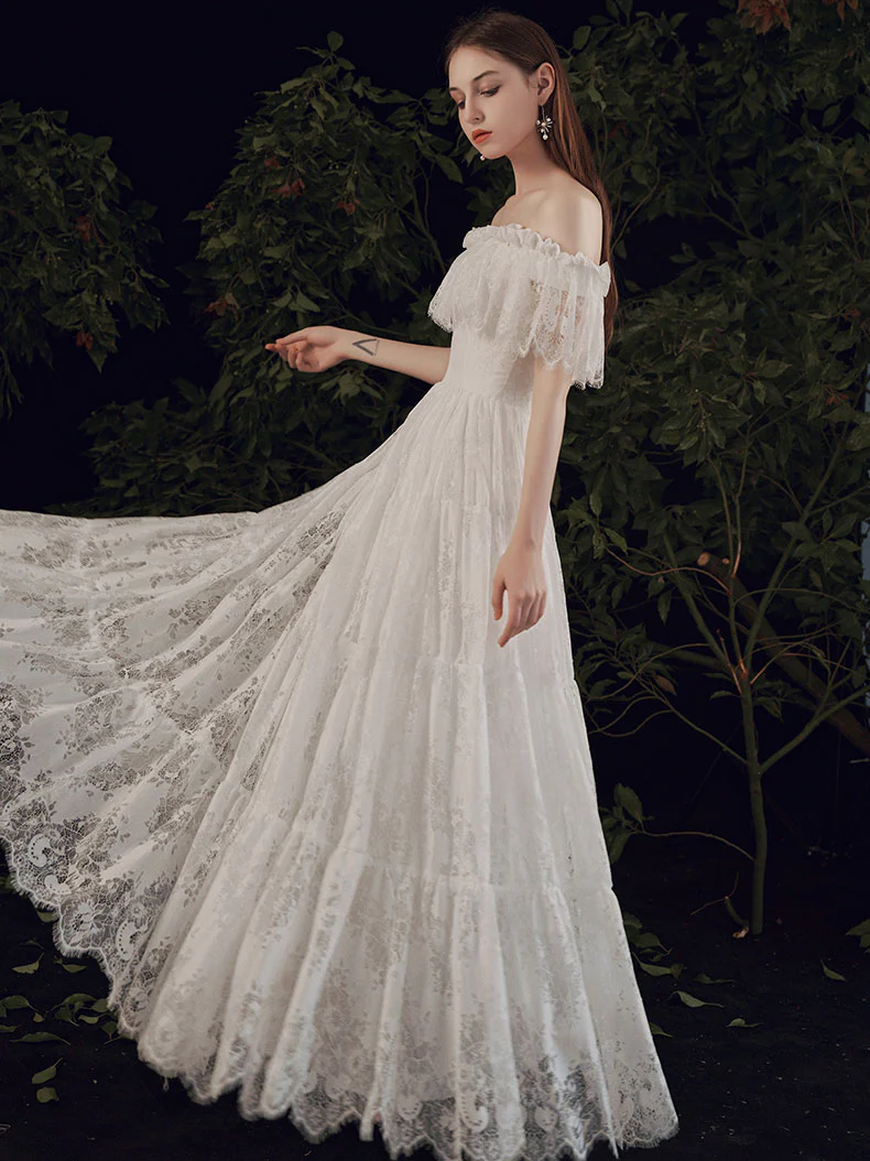 Simple ivory Lace Long Prom Dress, ivory Lace Bridesmaid Dresses - Deanwangkt