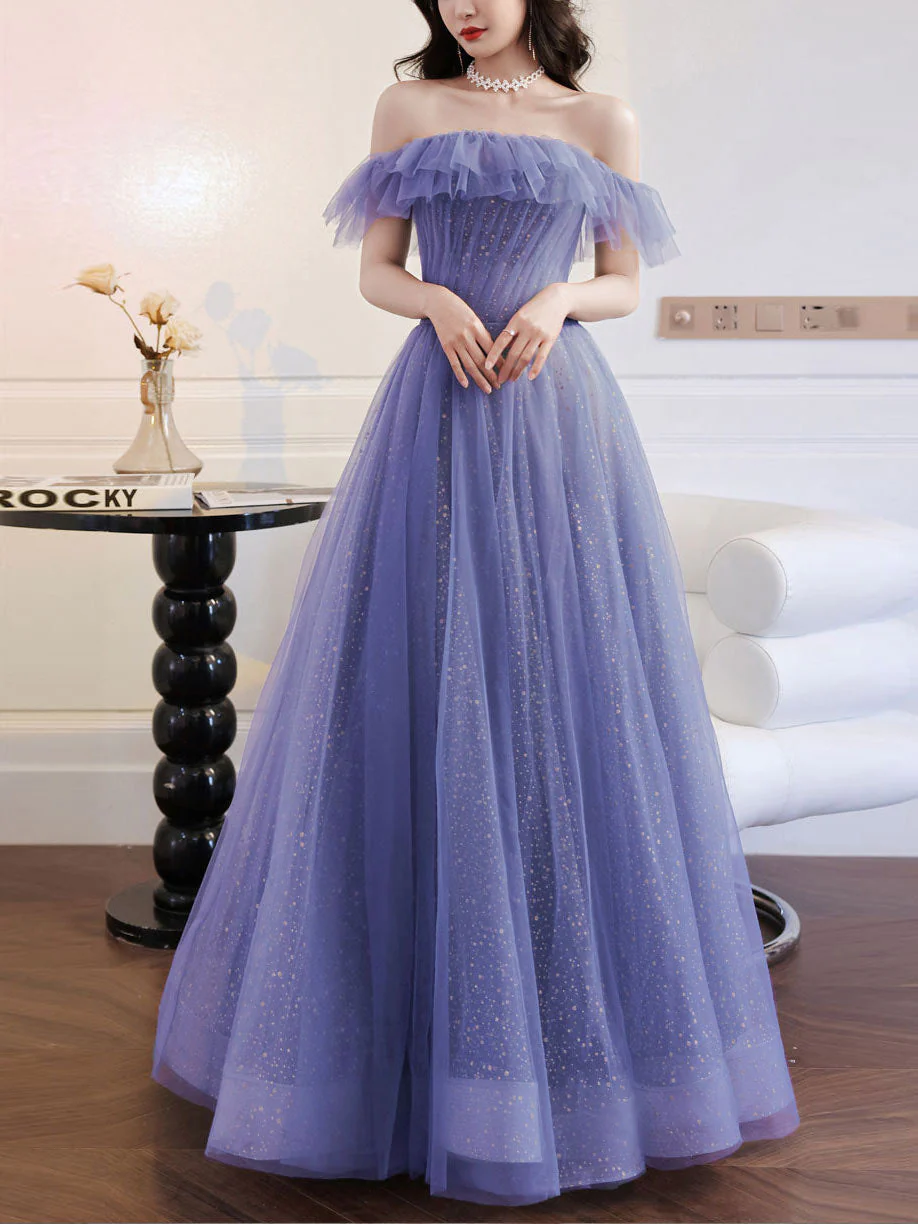 Purple A line Tulle Long Prom Dresses, Off Shoulder Formal Gown Graduation Dresses - Deanwangkt