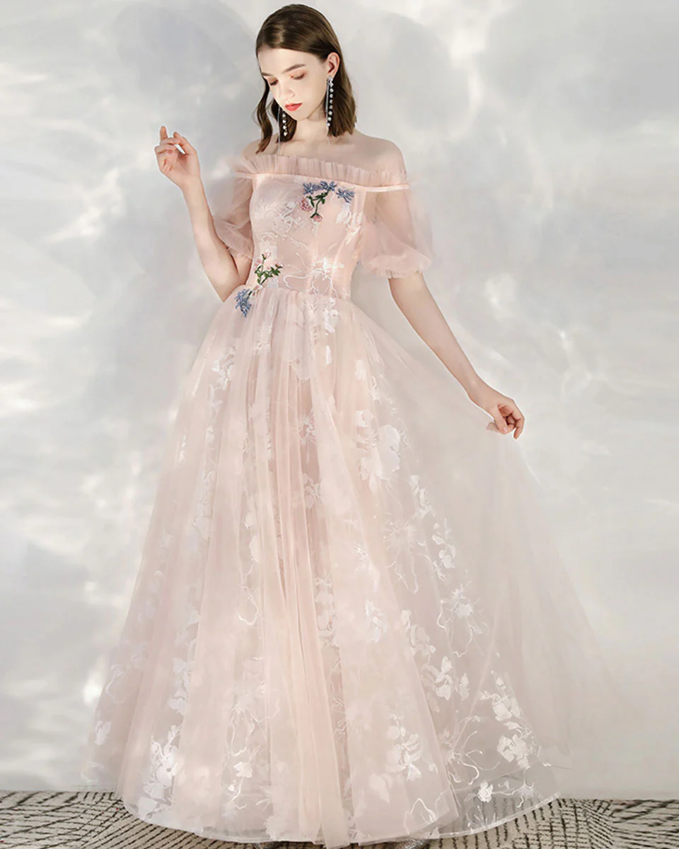 Pink Tulle Lace Off Shoulder Long Prom Dress Tulle Lace Evening Dress - Deanwangkt