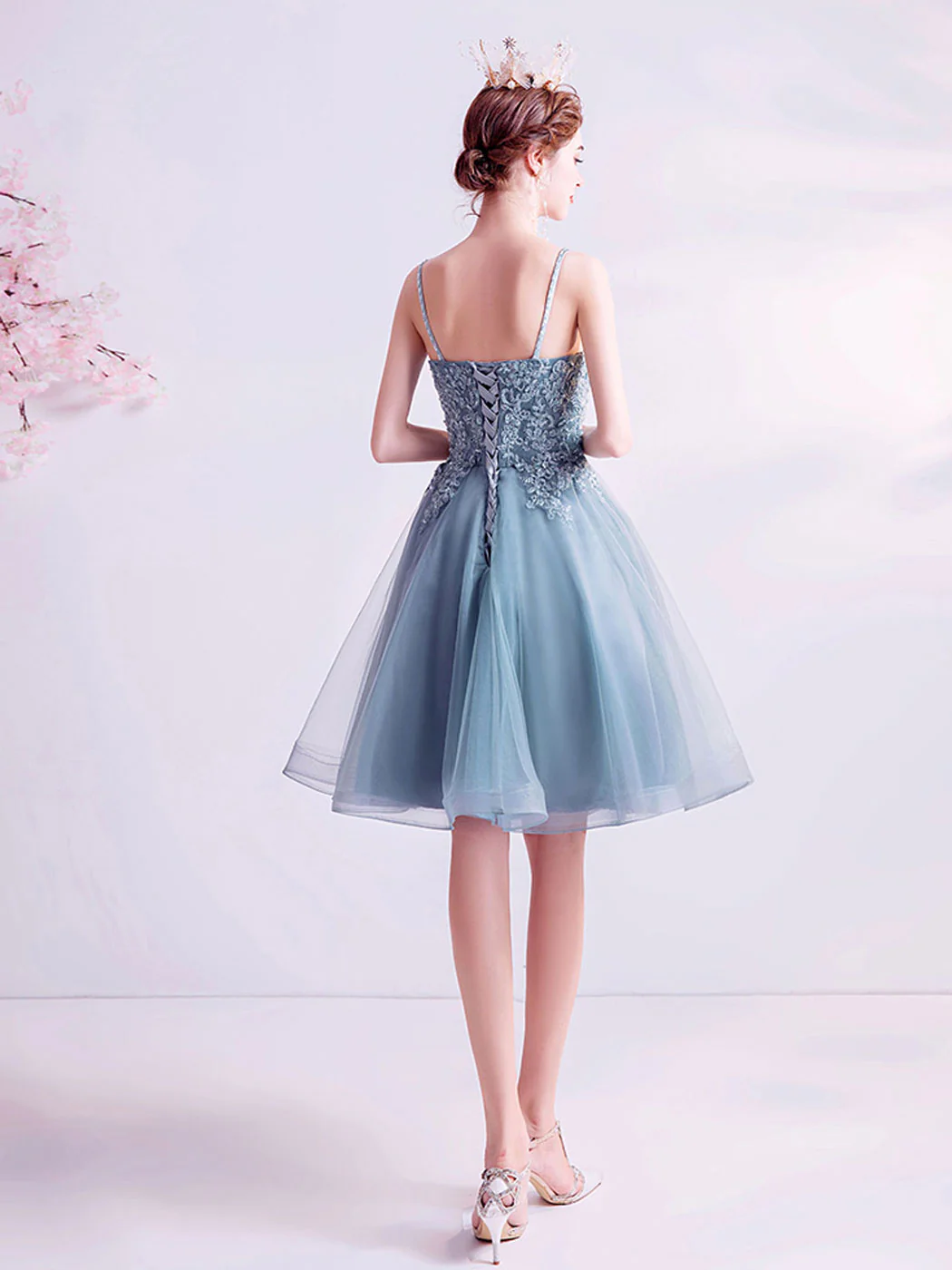 Gray V Neck Tulle Lace Blue Short Prom Dress Puffy Blue Homecoming Dress - Deanwangkt
