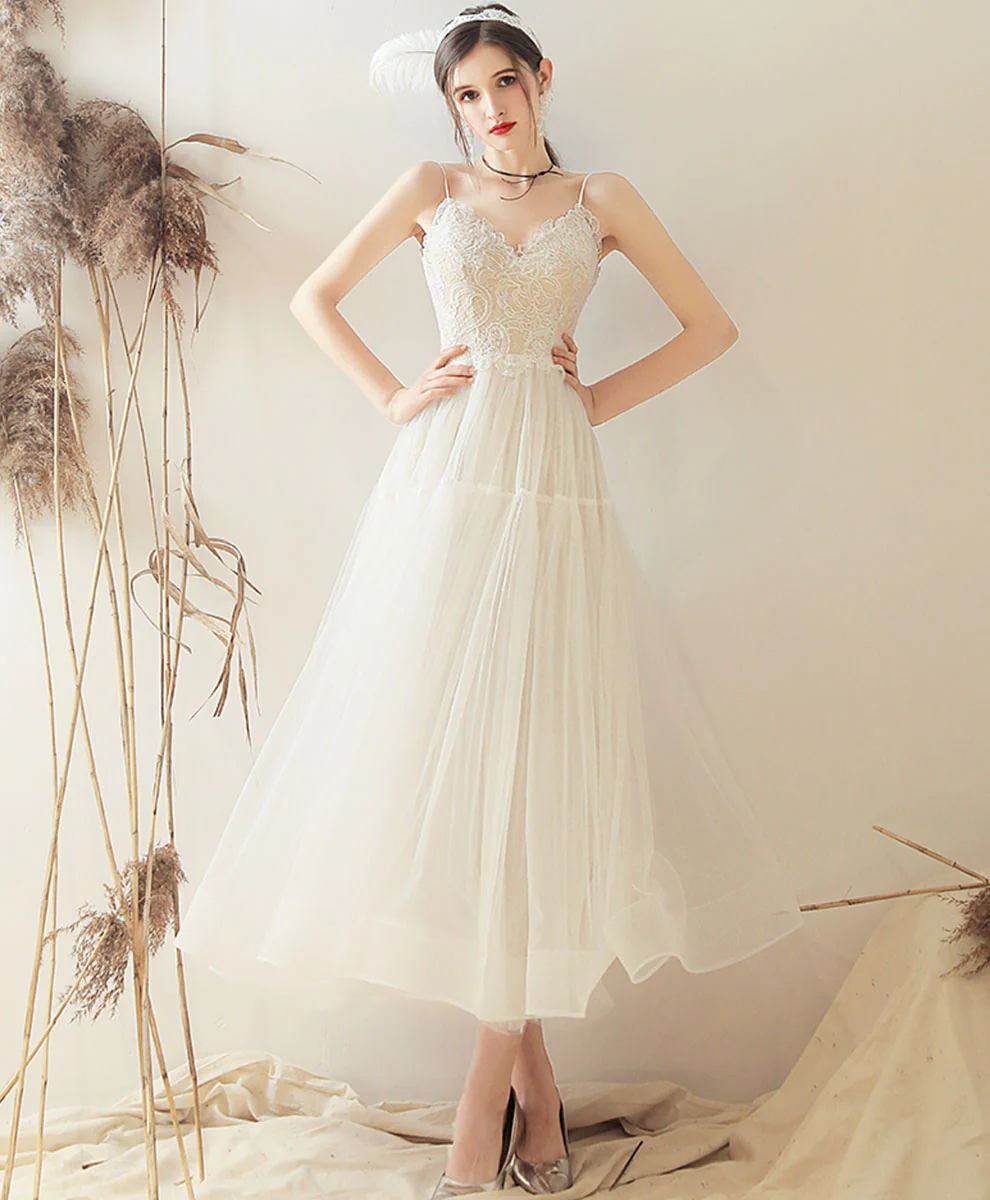 White Sweetheart A Line Tulle Tea Length Prom Dress Bridesmaid Dress - Deanwangkt