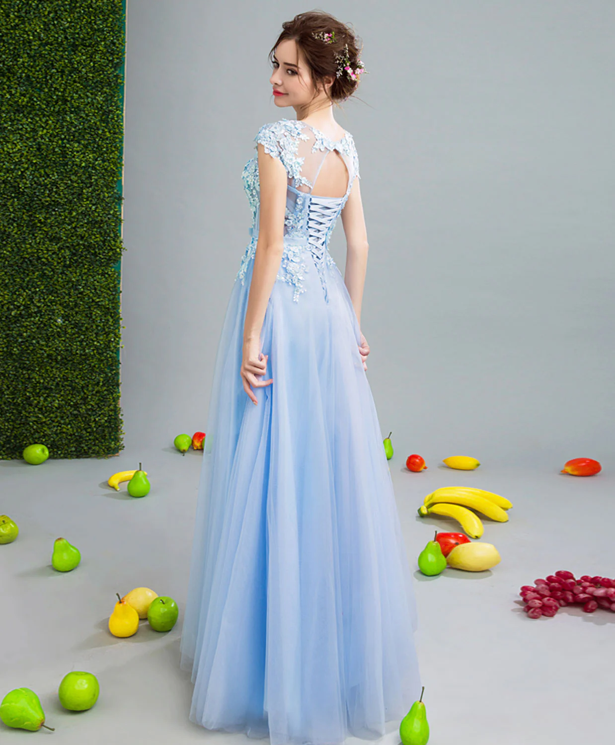 Sky Blue Lace Tulle Long Prom Dress, Lace Evening Dress - Deanwangkt