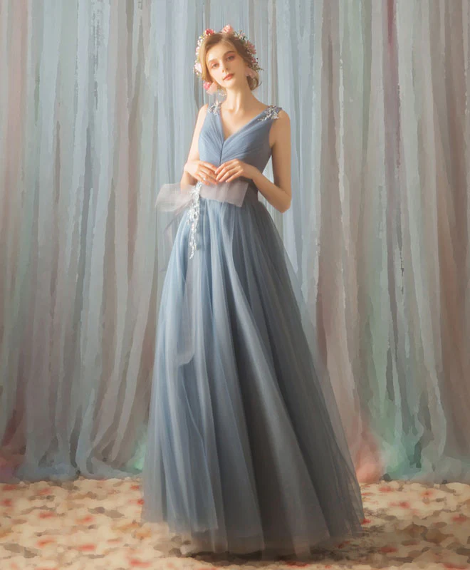 Blue V Neck Tulle Lace Long Prom Dress, Evening Dress - Deanwangkt